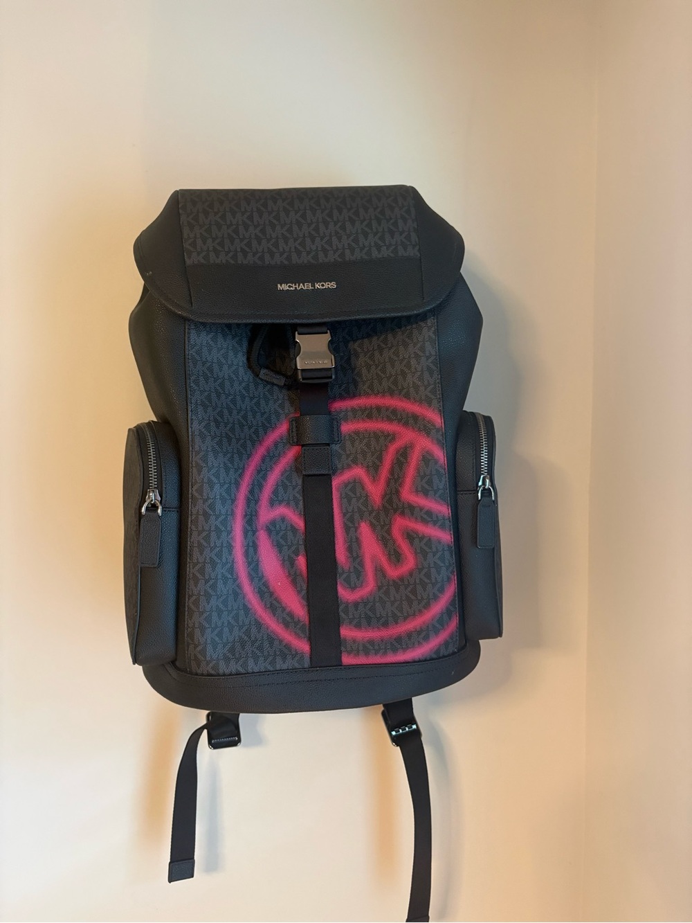 Michael Kors Black Backpack with Pink MK Logo